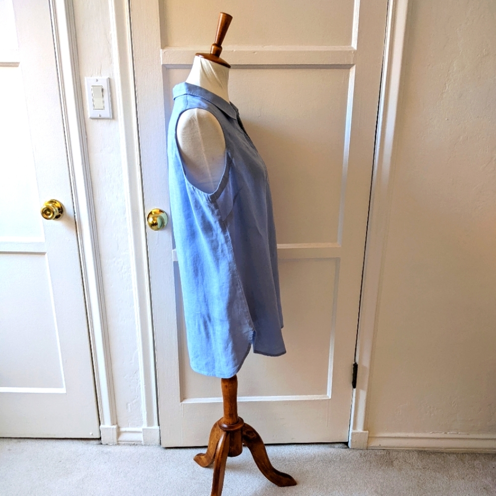 Neiman Marcus blue linen v neck collared top Size large - Picture 6 of 8